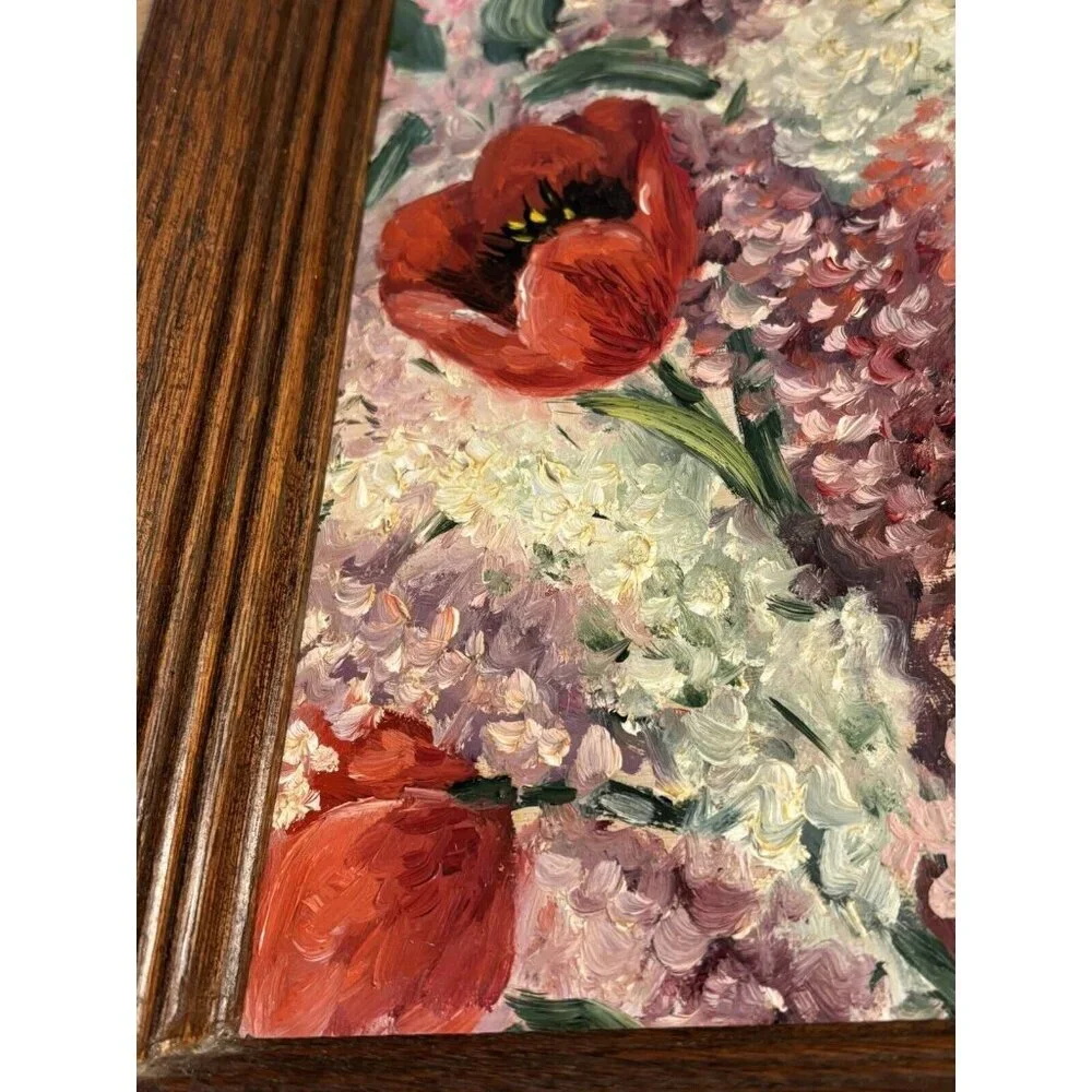 Vintage Oil on Board Mid Century BEAUTIFUL Floral Tulips Lilacs Wood Frame